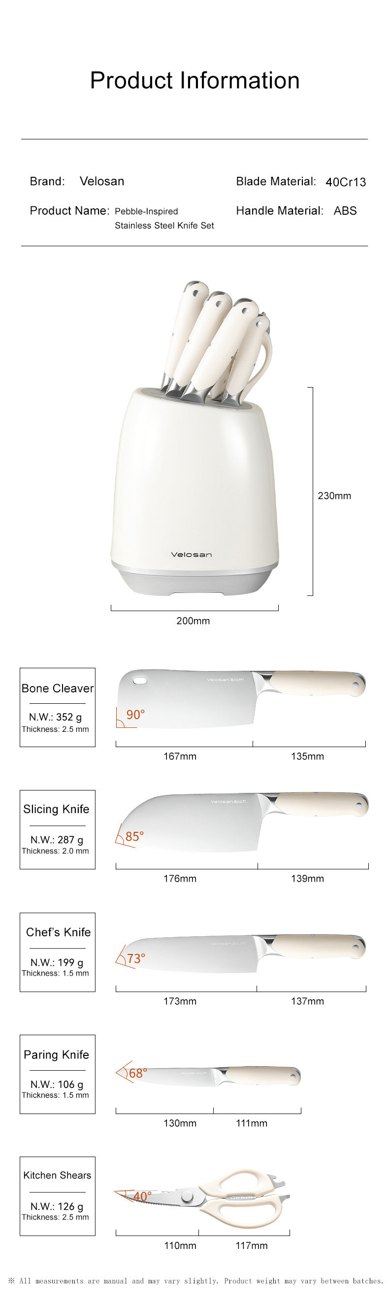 VELOSAN Pebble Series Knife Set, White