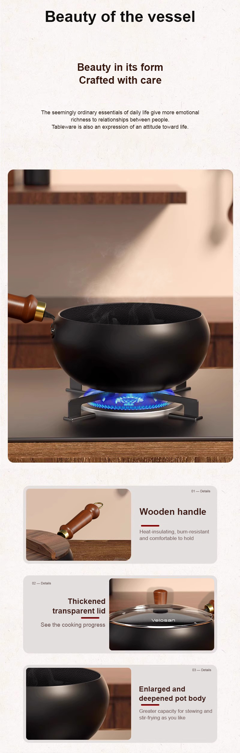 VELOSAN 24 cm Iron Wok with Glass Lid