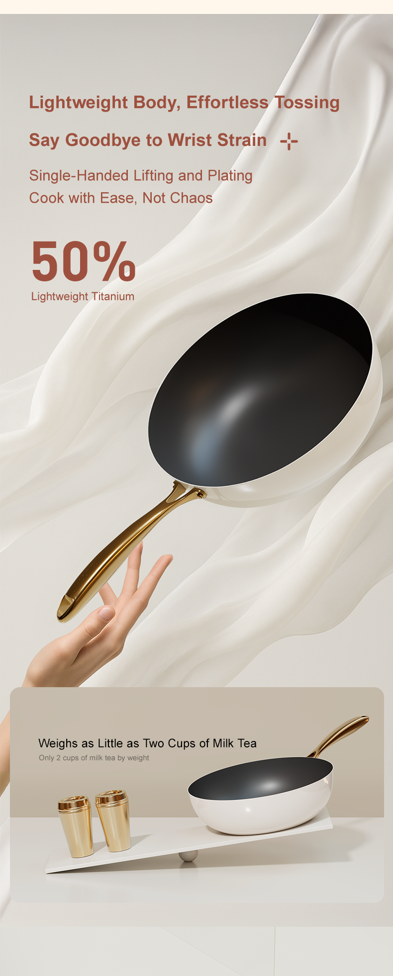 VELOSAN 32 cm Titanium-Coated Cast-Aluminum Wok with Lid, White